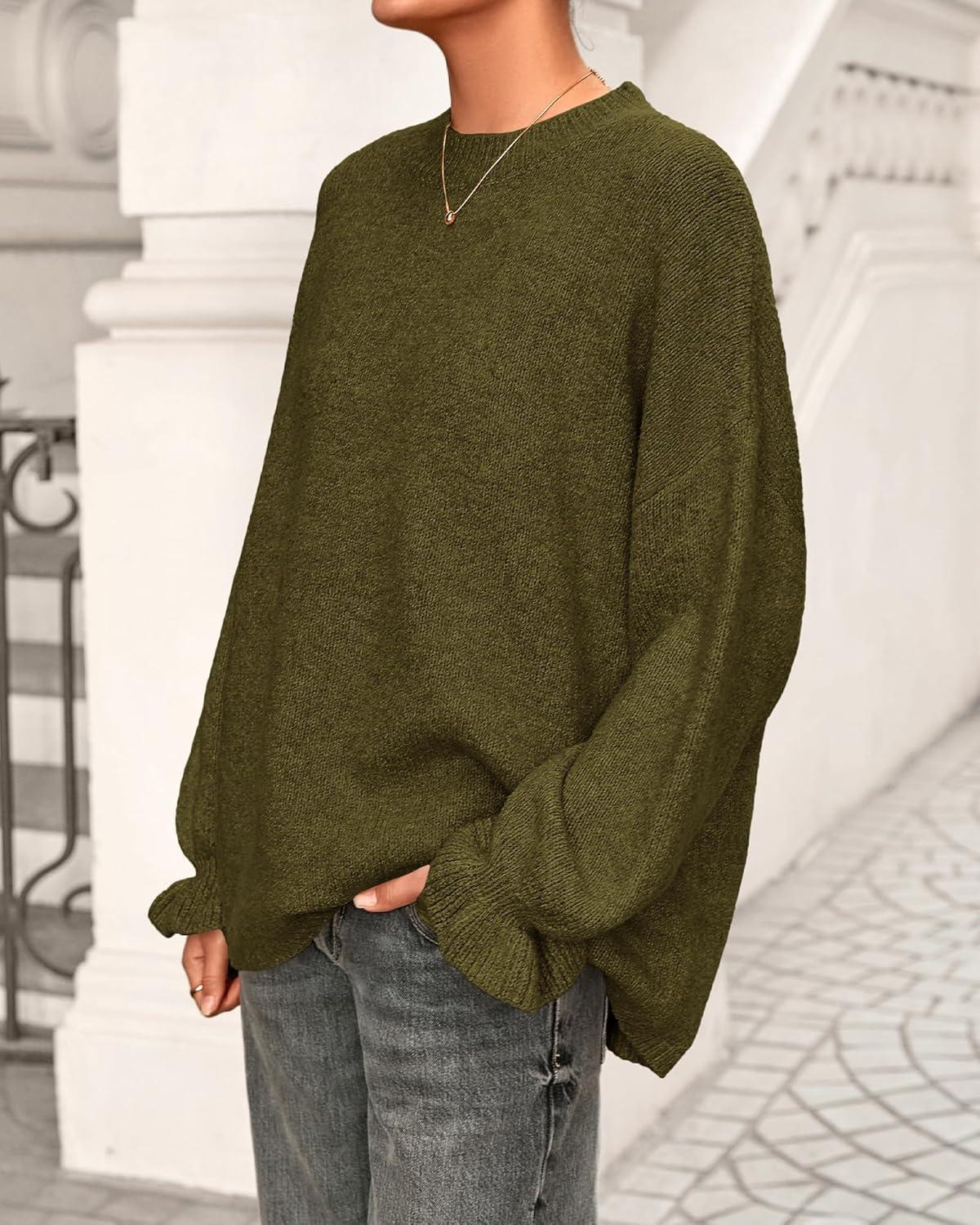 imageBTFBM Womens Oversized Sweater Crewneck 2025 Fall Winter Long Sleeve Fuzzy Warm Knit Pullover Sweaters Trendy OutfitsArmy Green