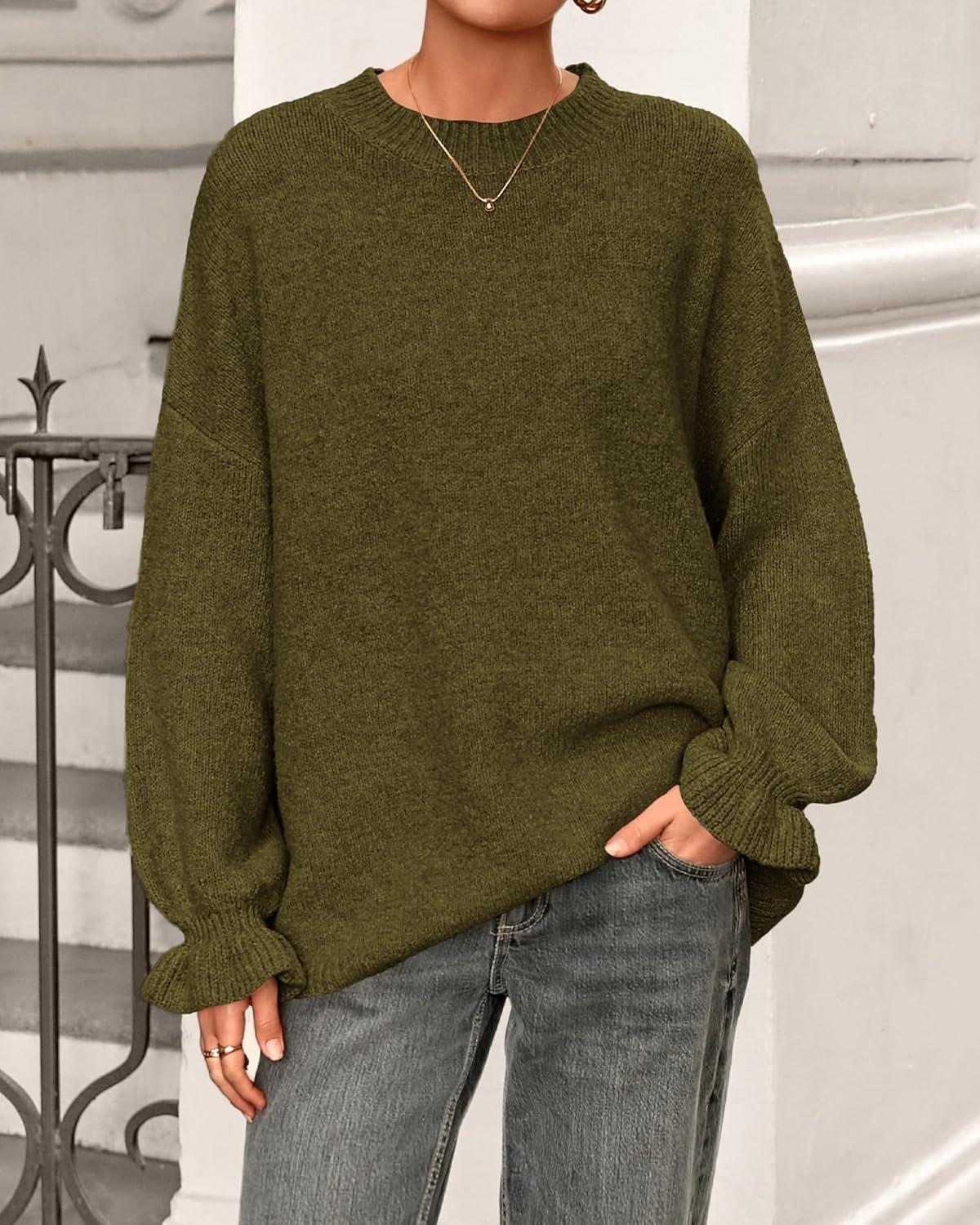 imageBTFBM Womens Oversized Sweater Crewneck 2025 Fall Winter Long Sleeve Fuzzy Warm Knit Pullover Sweaters Trendy OutfitsArmy Green