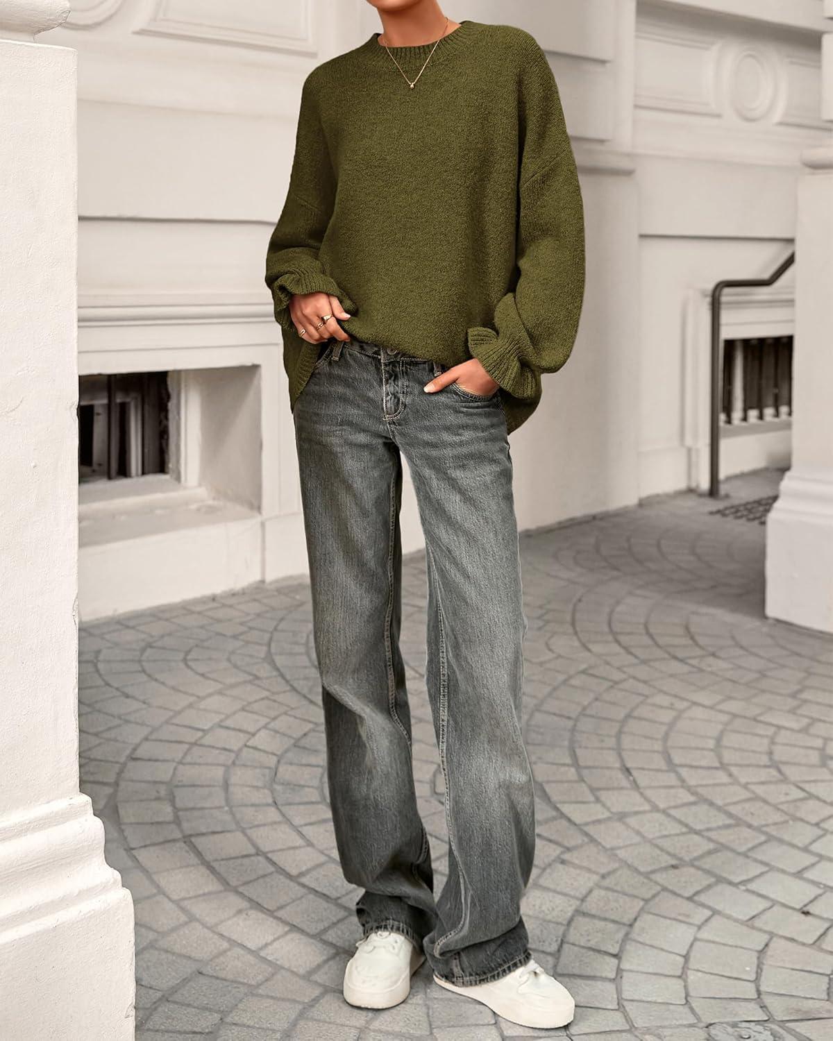 imageBTFBM Womens Oversized Sweater Crewneck 2025 Fall Winter Long Sleeve Fuzzy Warm Knit Pullover Sweaters Trendy OutfitsArmy Green