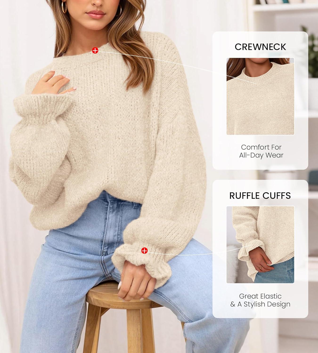 imageBTFBM Womens Oversized Sweater Crewneck 2025 Fall Winter Long Sleeve Fuzzy Warm Knit Pullover Sweaters Trendy OutfitsBeige