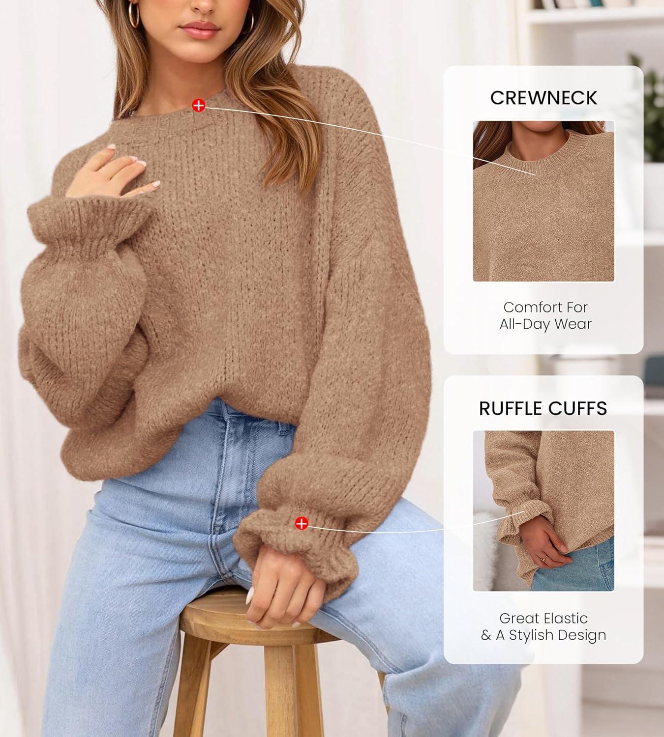 imageBTFBM Womens Oversized Sweater Crewneck 2025 Fall Winter Long Sleeve Fuzzy Warm Knit Pullover Sweaters Trendy OutfitsCamel