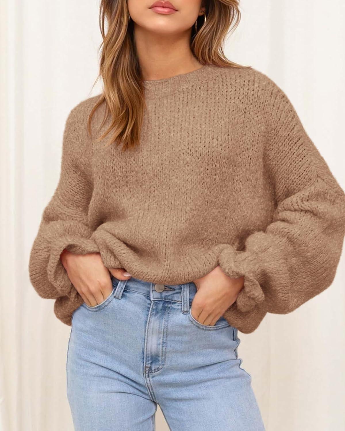 imageBTFBM Womens Oversized Sweater Crewneck 2025 Fall Winter Long Sleeve Fuzzy Warm Knit Pullover Sweaters Trendy OutfitsCamel