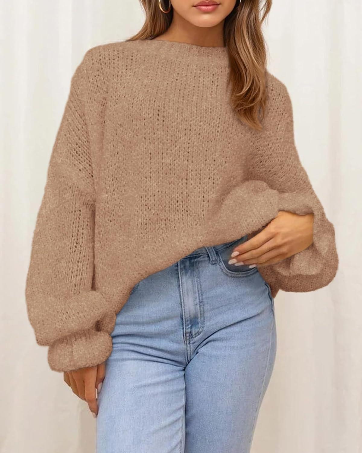 imageBTFBM Womens Oversized Sweater Crewneck 2025 Fall Winter Long Sleeve Fuzzy Warm Knit Pullover Sweaters Trendy OutfitsCamel