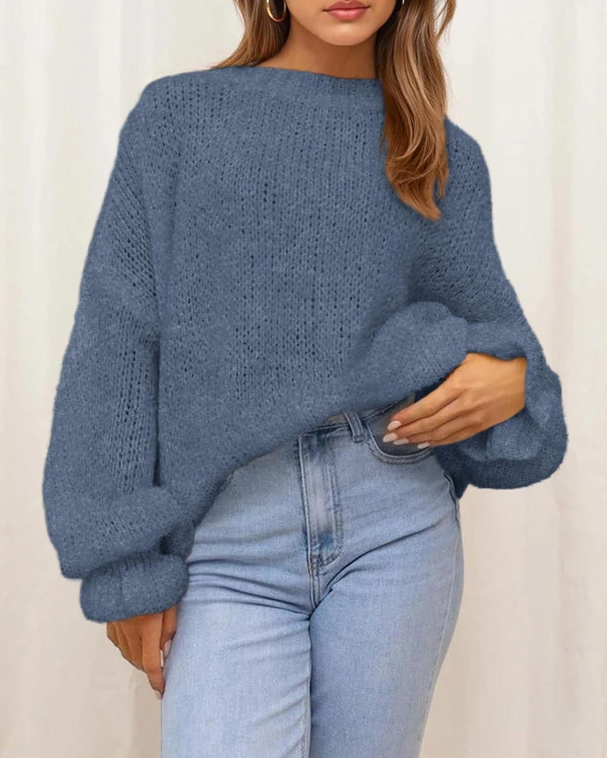 imageBTFBM Womens Oversized Sweater Crewneck 2025 Fall Winter Long Sleeve Fuzzy Warm Knit Pullover Sweaters Trendy OutfitsGrey Blue