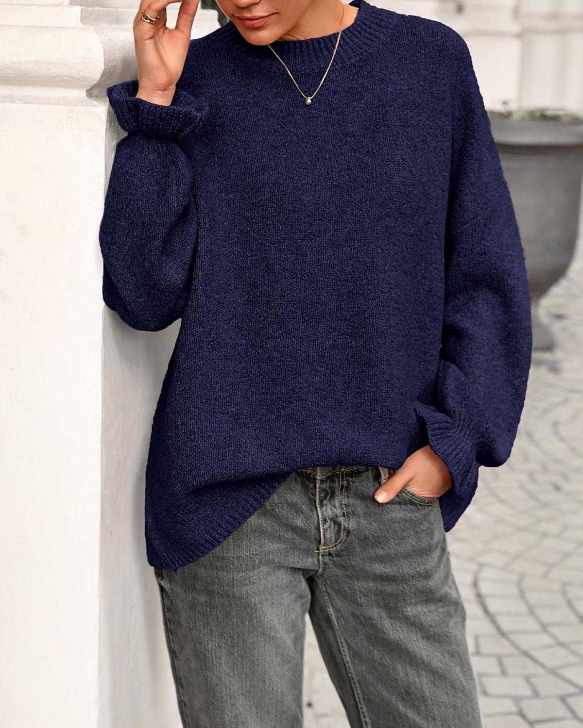 imageBTFBM Womens Oversized Sweater Crewneck 2025 Fall Winter Long Sleeve Fuzzy Warm Knit Pullover Sweaters Trendy OutfitsNavy