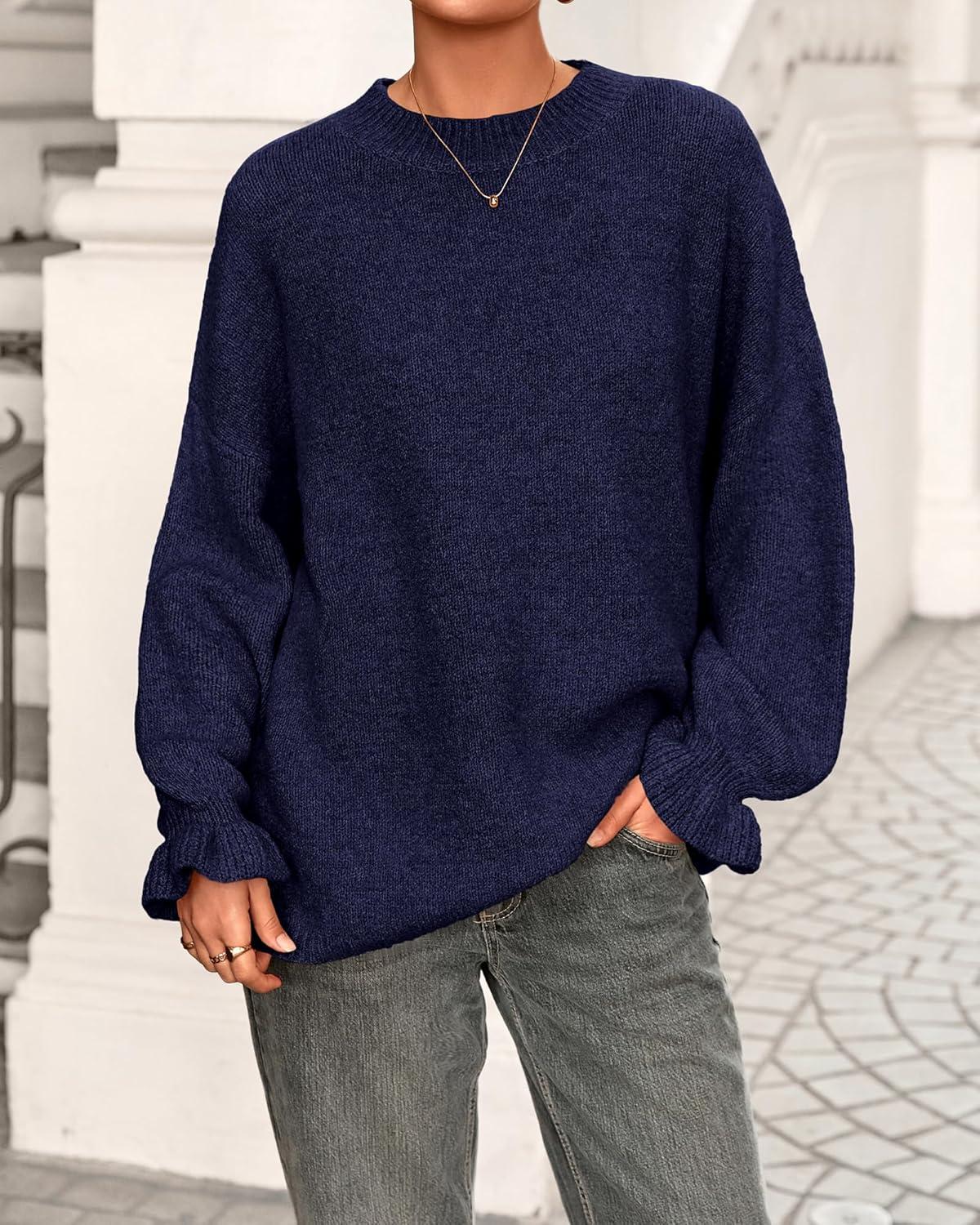 imageBTFBM Womens Oversized Sweater Crewneck 2025 Fall Winter Long Sleeve Fuzzy Warm Knit Pullover Sweaters Trendy OutfitsNavy