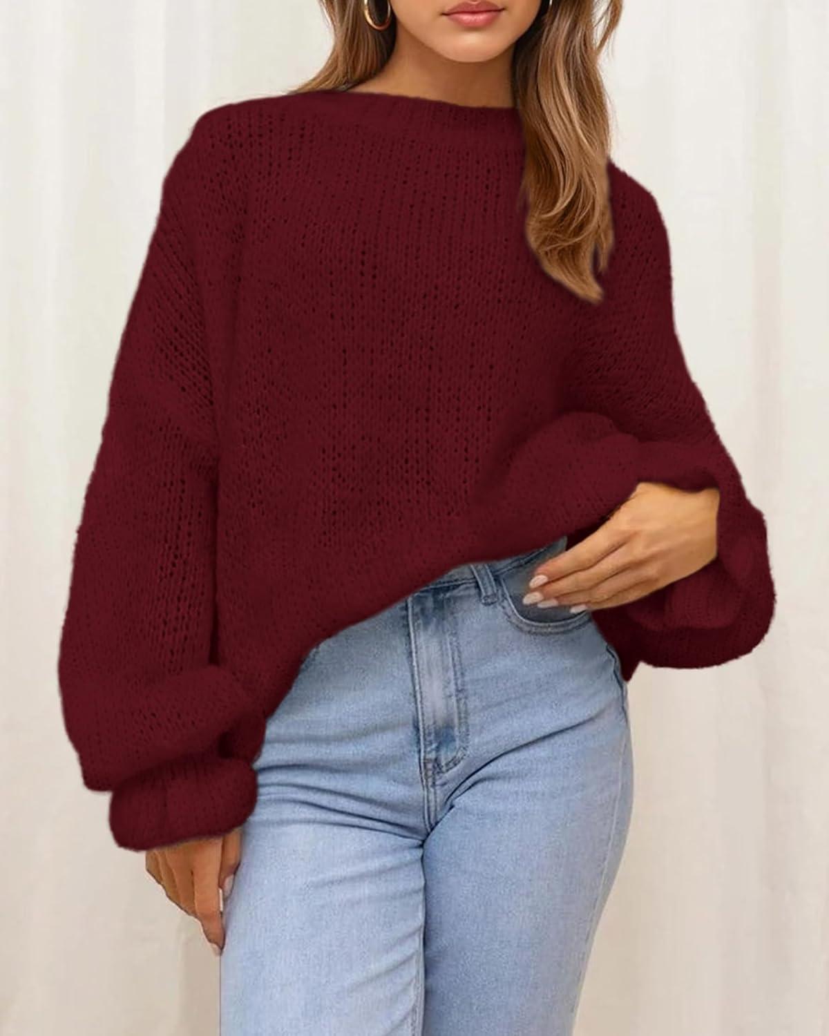 imageBTFBM Womens Oversized Sweater Crewneck 2025 Fall Winter Long Sleeve Fuzzy Warm Knit Pullover Sweaters Trendy OutfitsWine Red