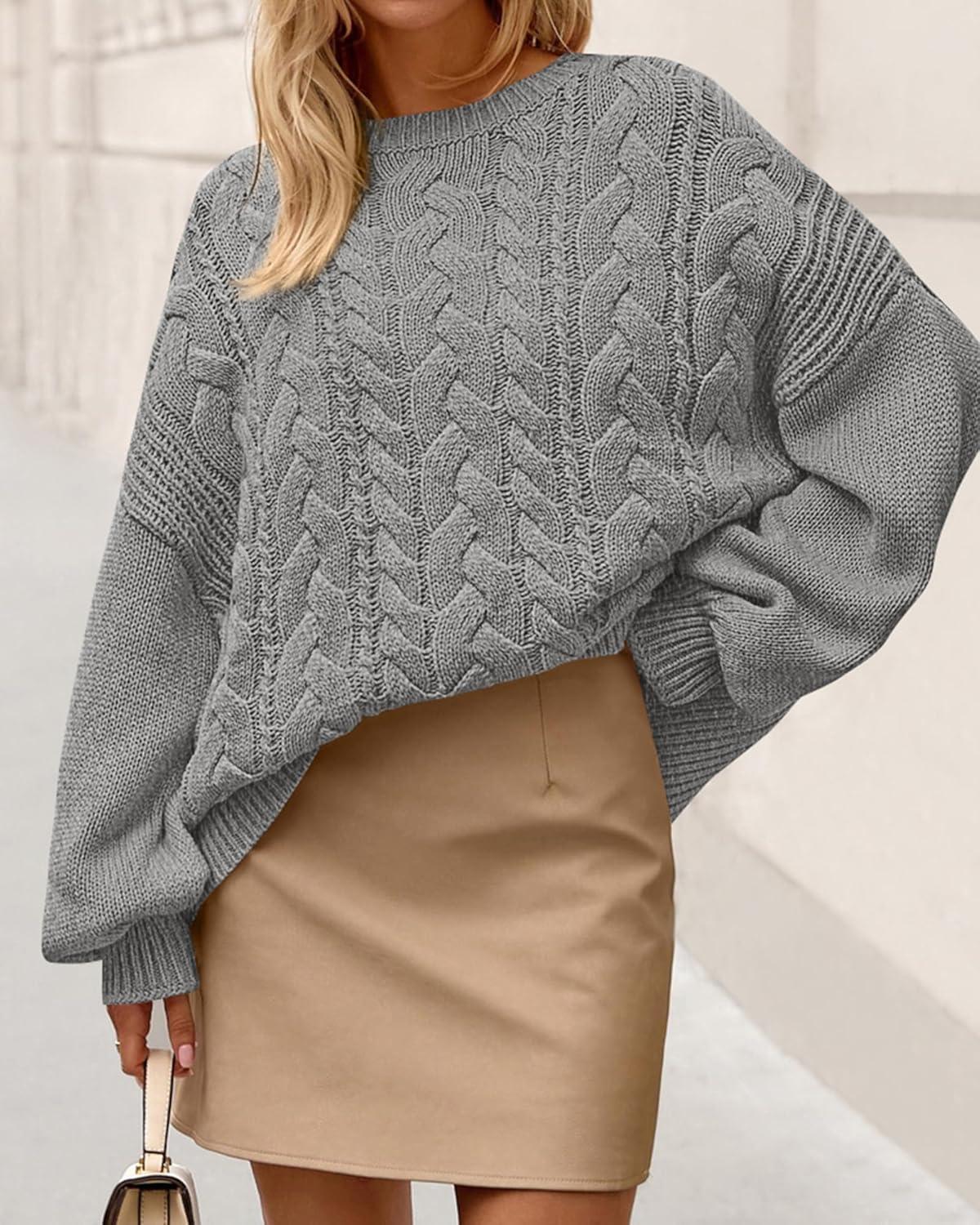 imageBTFBM Womens Oversized Sweaters 2025 Batwing Long Sleeve Cable Knit Crewneck Pullover Tops Fall Outfits Winter ClothingGrey