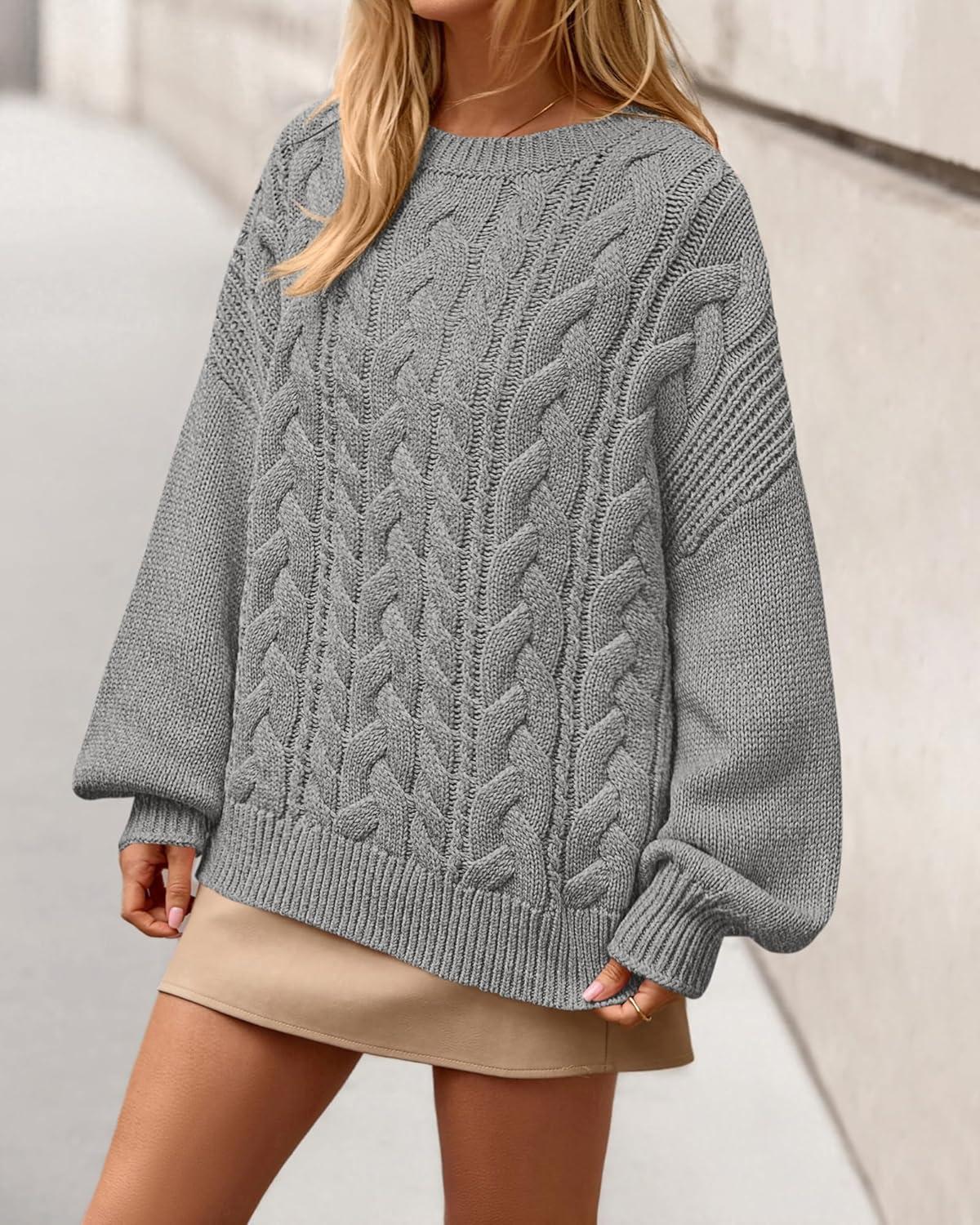 imageBTFBM Womens Oversized Sweaters 2025 Batwing Long Sleeve Cable Knit Crewneck Pullover Tops Fall Outfits Winter ClothingGrey