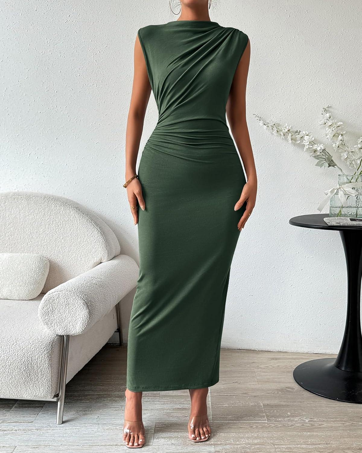 imageBTFBM Womens Ruched Bodycon Dress Summer Casual Sleeveless Lightweight Back Slit Elegant Club Party Cocktail Maxi DressesArmy Green