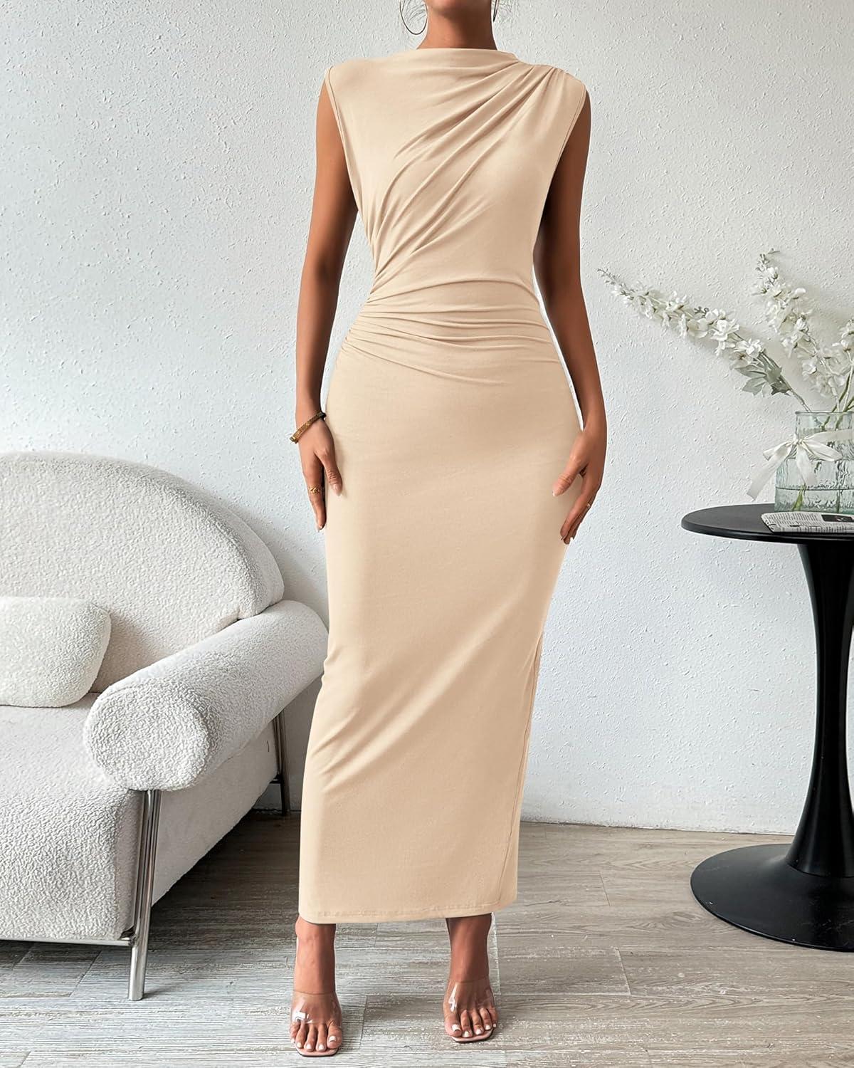 imageBTFBM Womens Ruched Bodycon Dress Summer Casual Sleeveless Lightweight Back Slit Elegant Club Party Cocktail Maxi DressesBeige