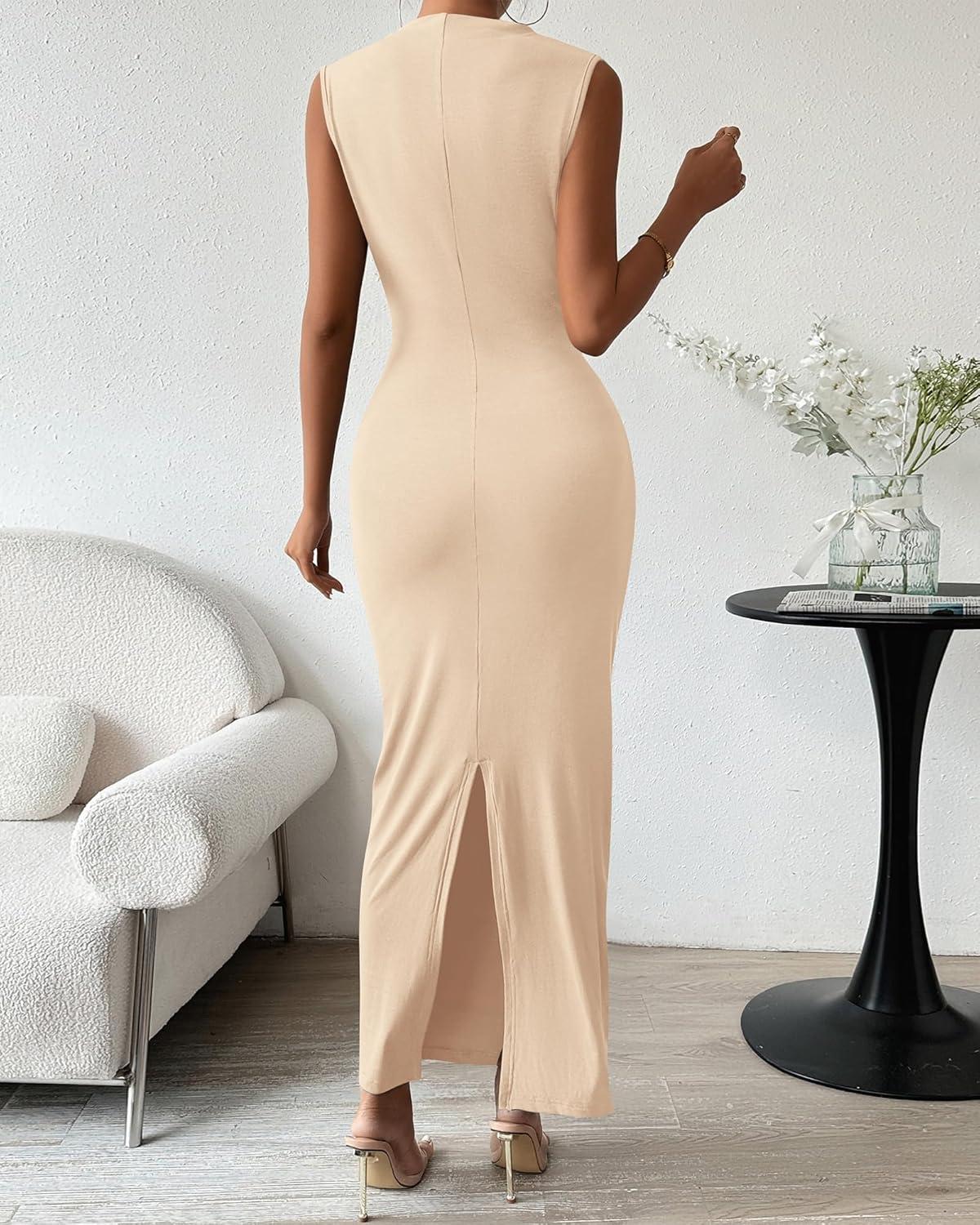imageBTFBM Womens Ruched Bodycon Dress Summer Casual Sleeveless Lightweight Back Slit Elegant Club Party Cocktail Maxi DressesBeige