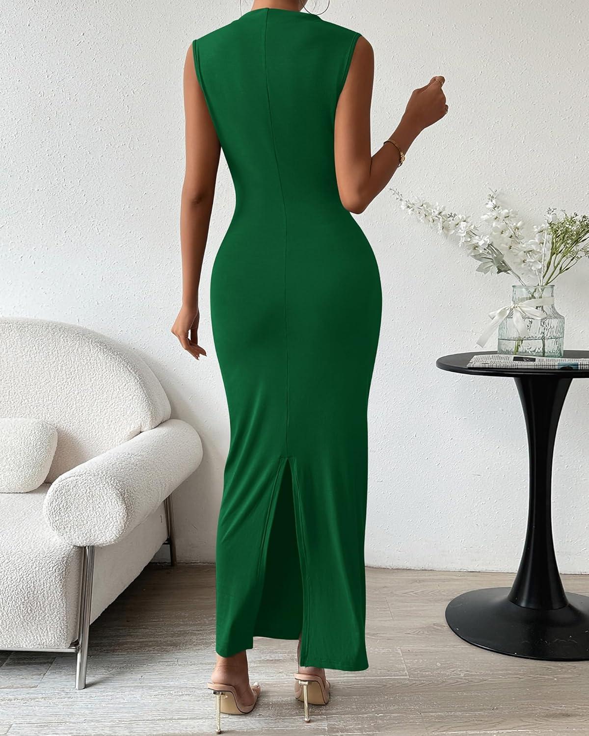 imageBTFBM Womens Ruched Bodycon Dress Summer Casual Sleeveless Lightweight Back Slit Elegant Club Party Cocktail Maxi DressesBright Green