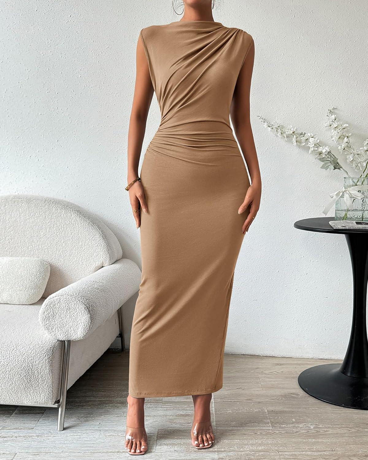 imageBTFBM Womens Ruched Bodycon Dress Summer Casual Sleeveless Lightweight Back Slit Elegant Club Party Cocktail Maxi DressesDark Khaki