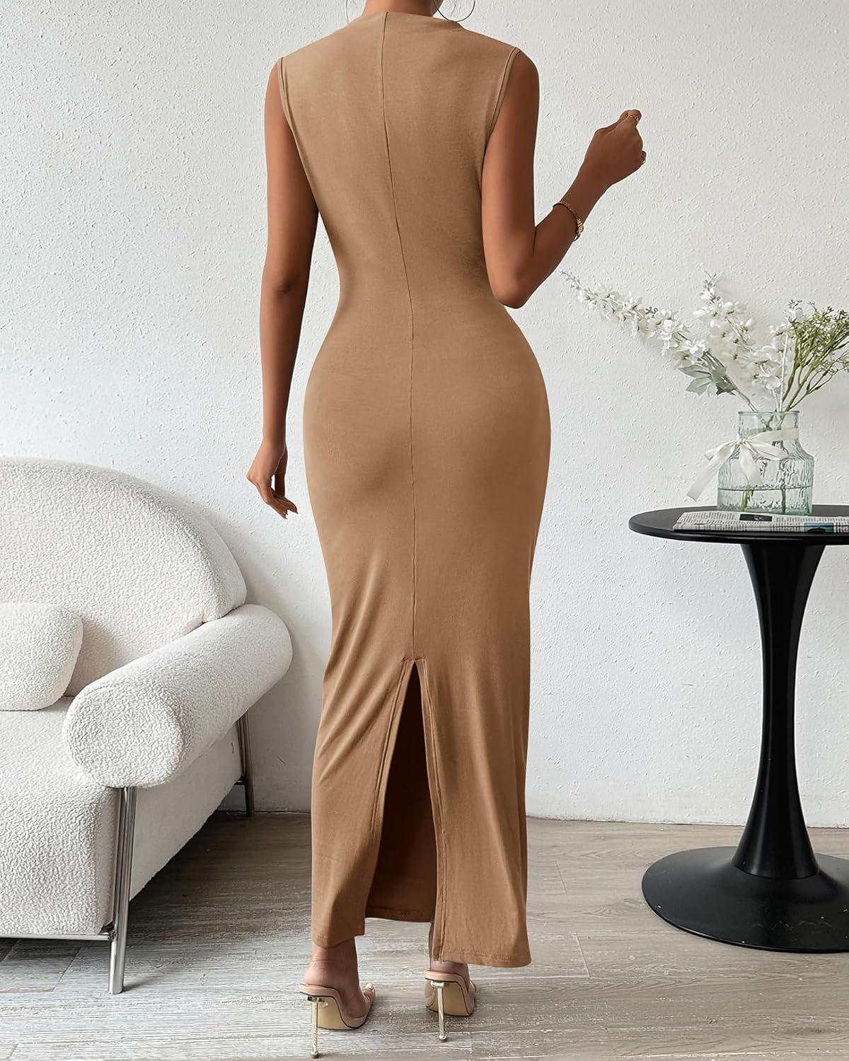 imageBTFBM Womens Ruched Bodycon Dress Summer Casual Sleeveless Lightweight Back Slit Elegant Club Party Cocktail Maxi DressesDark Khaki
