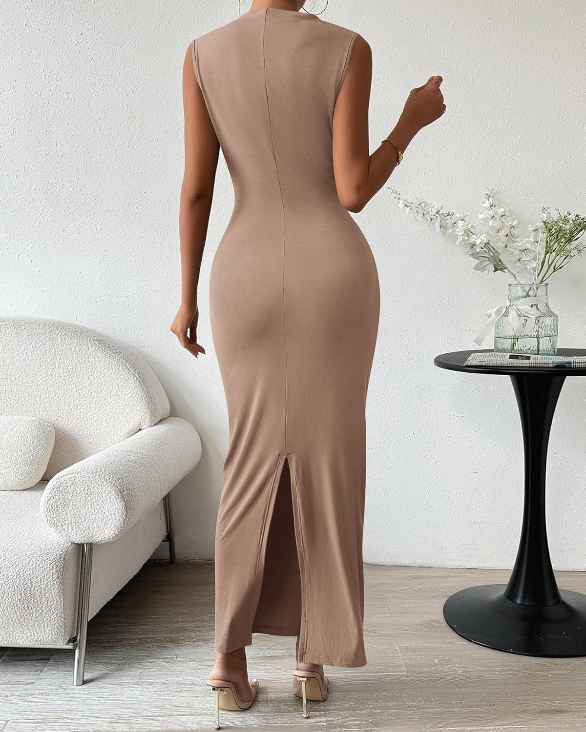 imageBTFBM Womens Ruched Bodycon Dress Summer Casual Sleeveless Lightweight Back Slit Elegant Club Party Cocktail Maxi DressesKhaki