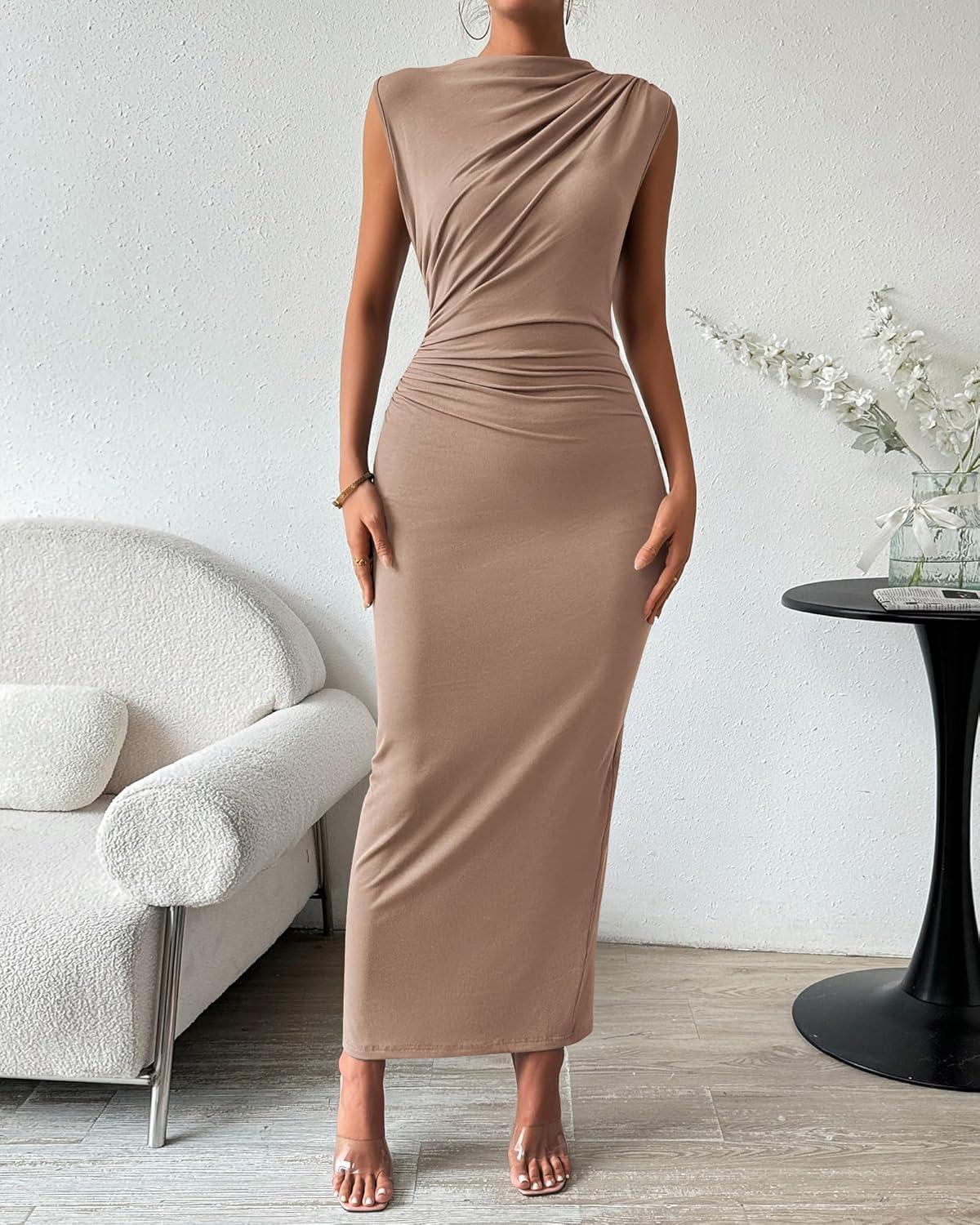 imageBTFBM Womens Ruched Bodycon Dress Summer Casual Sleeveless Lightweight Back Slit Elegant Club Party Cocktail Maxi DressesKhaki