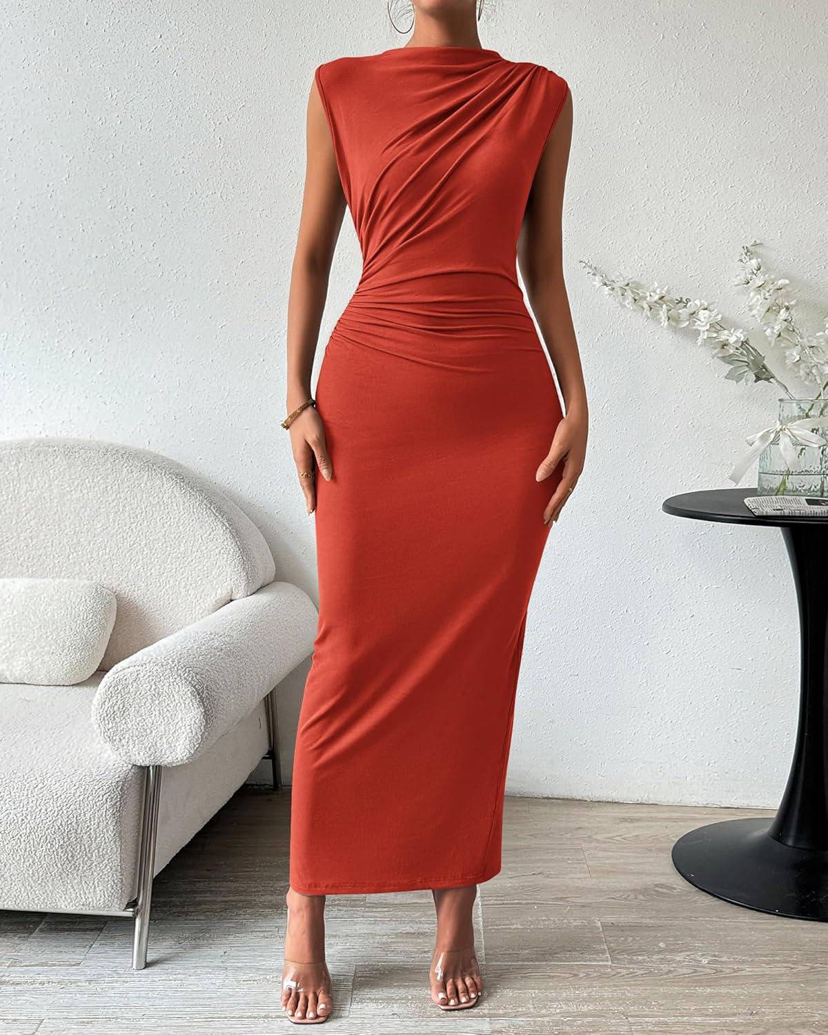 imageBTFBM Womens Ruched Bodycon Dress Summer Casual Sleeveless Lightweight Back Slit Elegant Club Party Cocktail Maxi DressesOrange Red