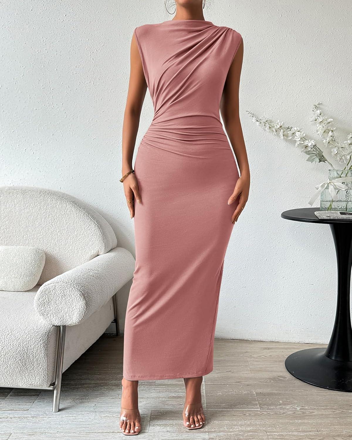 imageBTFBM Womens Ruched Bodycon Dress Summer Casual Sleeveless Lightweight Back Slit Elegant Club Party Cocktail Maxi DressesPink