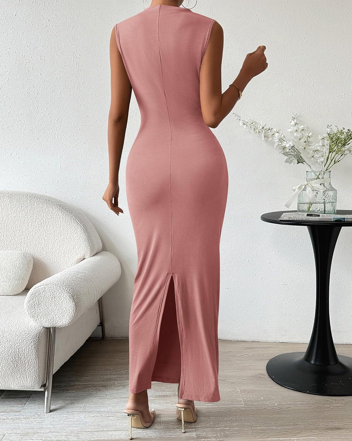 imageBTFBM Womens Ruched Bodycon Dress Summer Casual Sleeveless Lightweight Back Slit Elegant Club Party Cocktail Maxi DressesPink