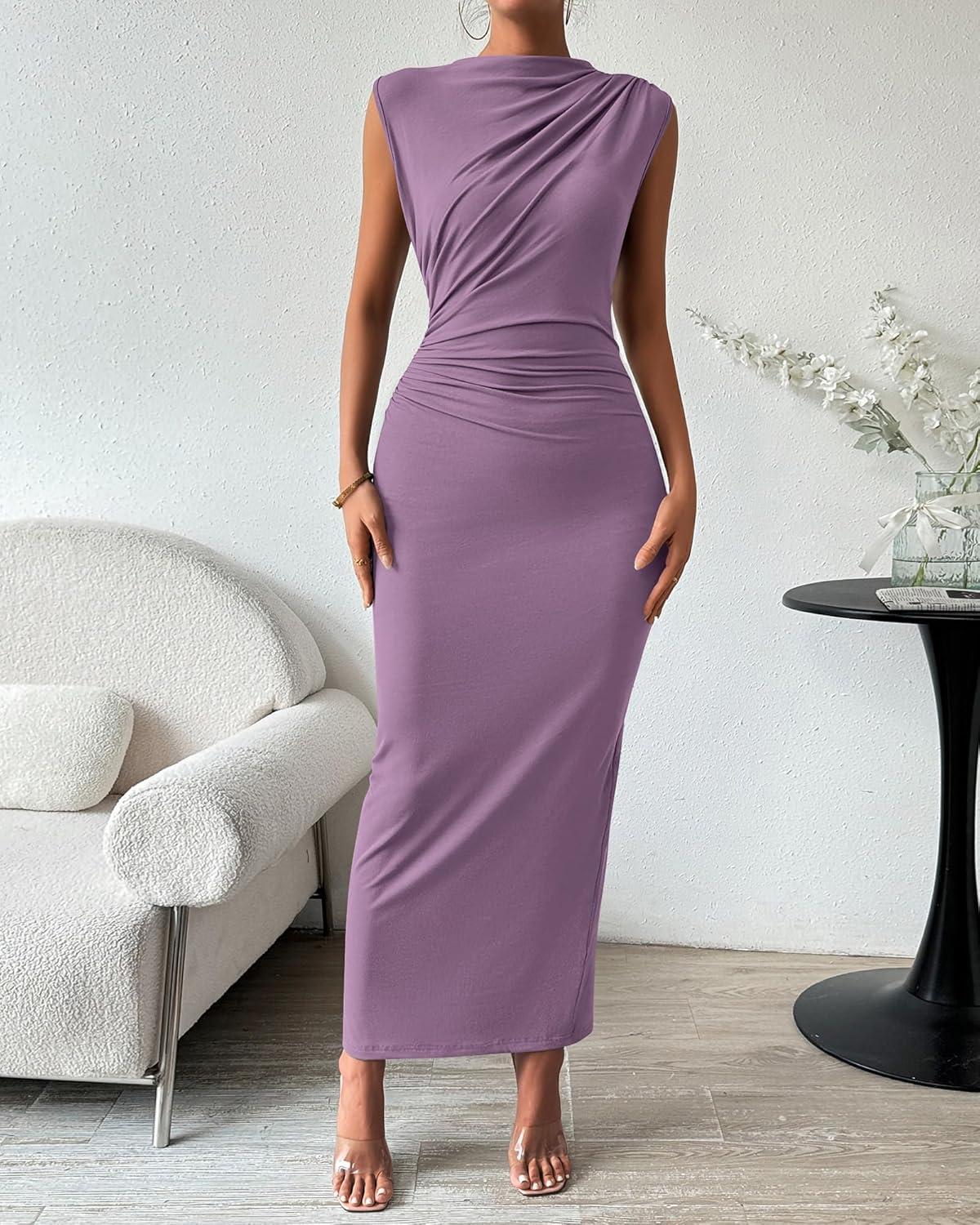 imageBTFBM Womens Ruched Bodycon Dress Summer Casual Sleeveless Lightweight Back Slit Elegant Club Party Cocktail Maxi DressesPurple