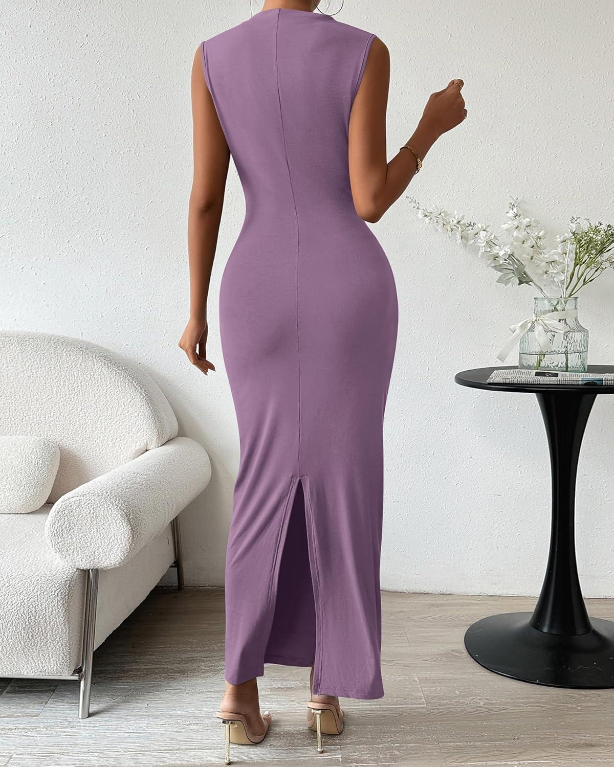 imageBTFBM Womens Ruched Bodycon Dress Summer Casual Sleeveless Lightweight Back Slit Elegant Club Party Cocktail Maxi DressesPurple