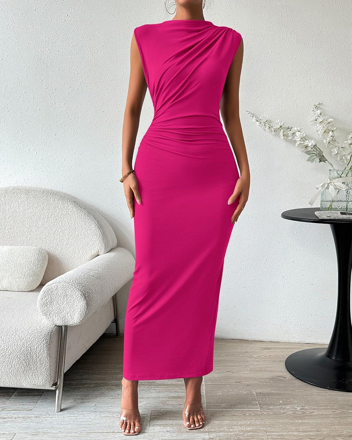 imageBTFBM Womens Ruched Bodycon Dress Summer Casual Sleeveless Lightweight Back Slit Elegant Club Party Cocktail Maxi DressesRose Red