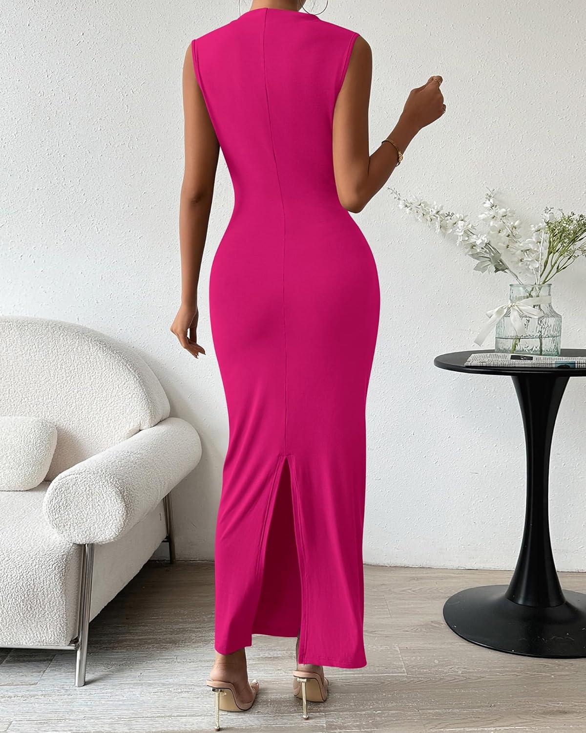 imageBTFBM Womens Ruched Bodycon Dress Summer Casual Sleeveless Lightweight Back Slit Elegant Club Party Cocktail Maxi DressesRose Red