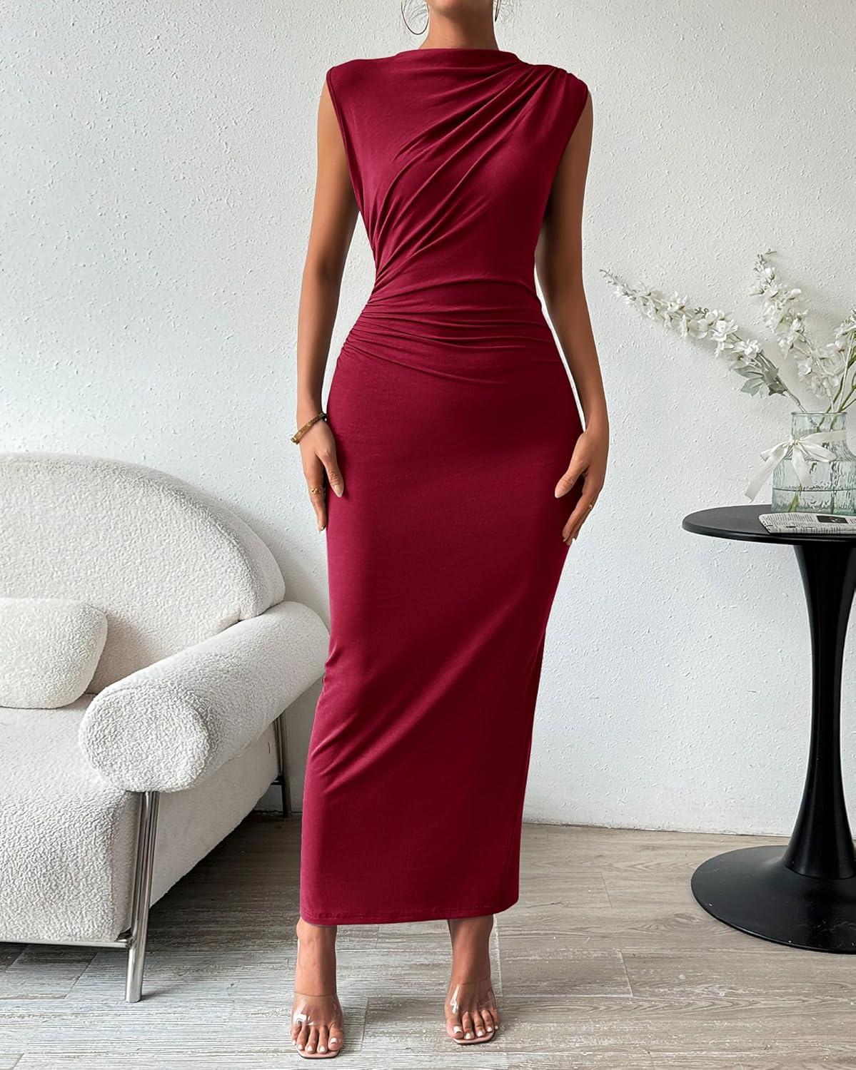 imageBTFBM Womens Ruched Bodycon Dress Summer Casual Sleeveless Lightweight Back Slit Elegant Club Party Cocktail Maxi DressesWine Red