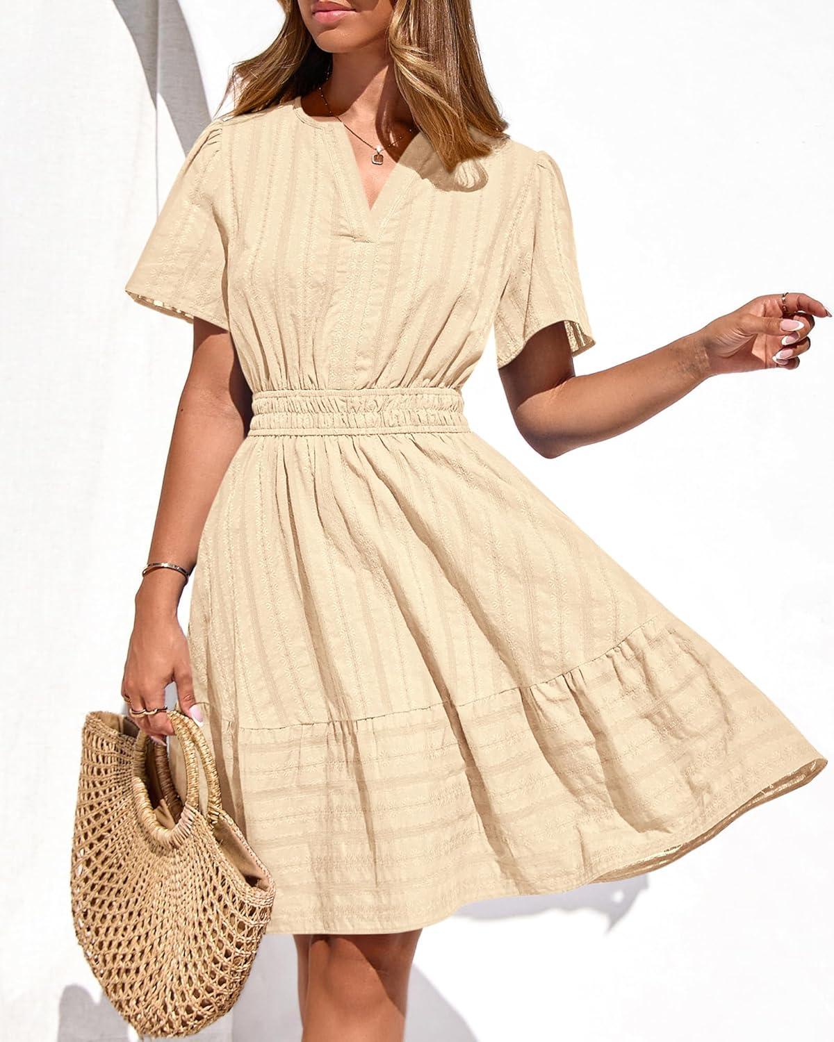imageBTFBM Womens Spring 2026 Casual Mini Dresses Lightweight Short Sleeve V Neck Elastic Waist Cute Boho Beach Dress PocketsApricot