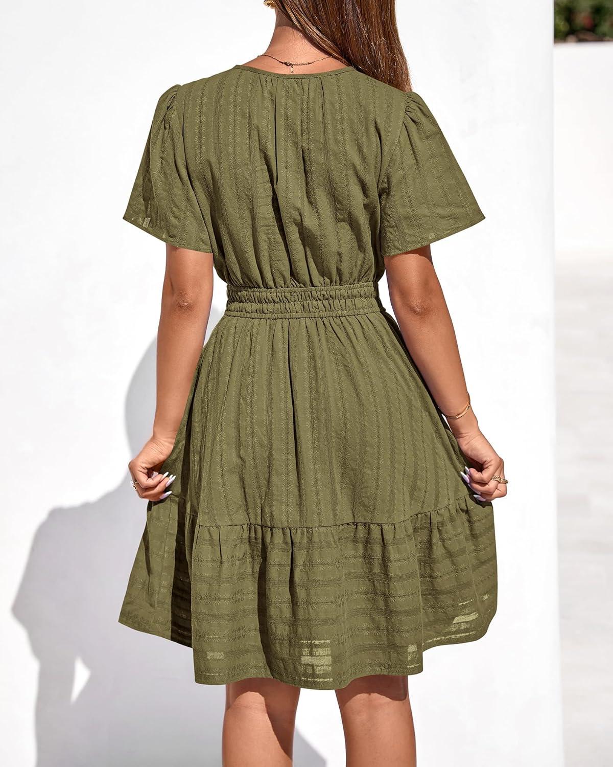 imageBTFBM Womens Spring 2026 Casual Mini Dresses Lightweight Short Sleeve V Neck Elastic Waist Cute Boho Beach Dress PocketsArmy Green
