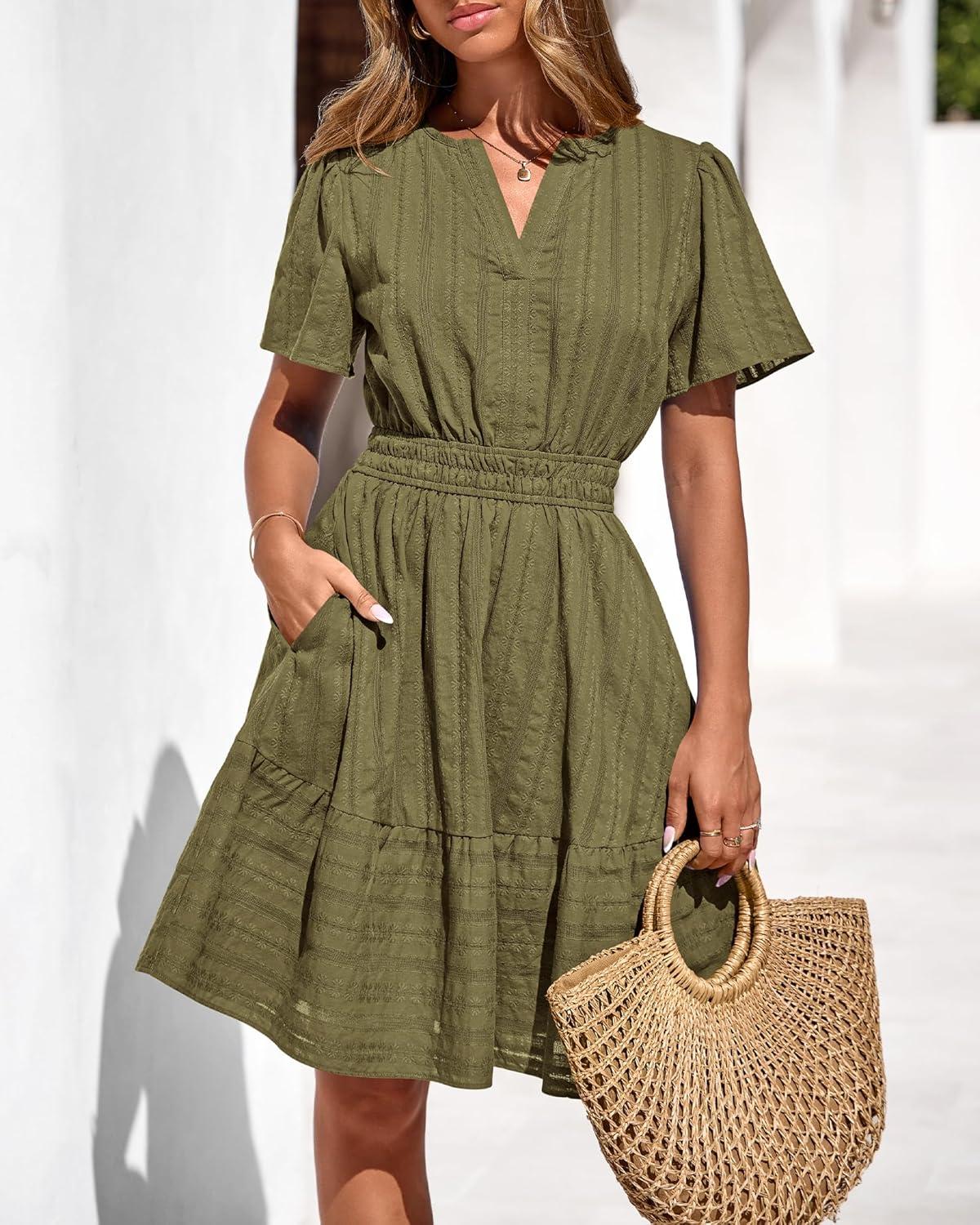 imageBTFBM Womens Spring 2026 Casual Mini Dresses Lightweight Short Sleeve V Neck Elastic Waist Cute Boho Beach Dress PocketsArmy Green