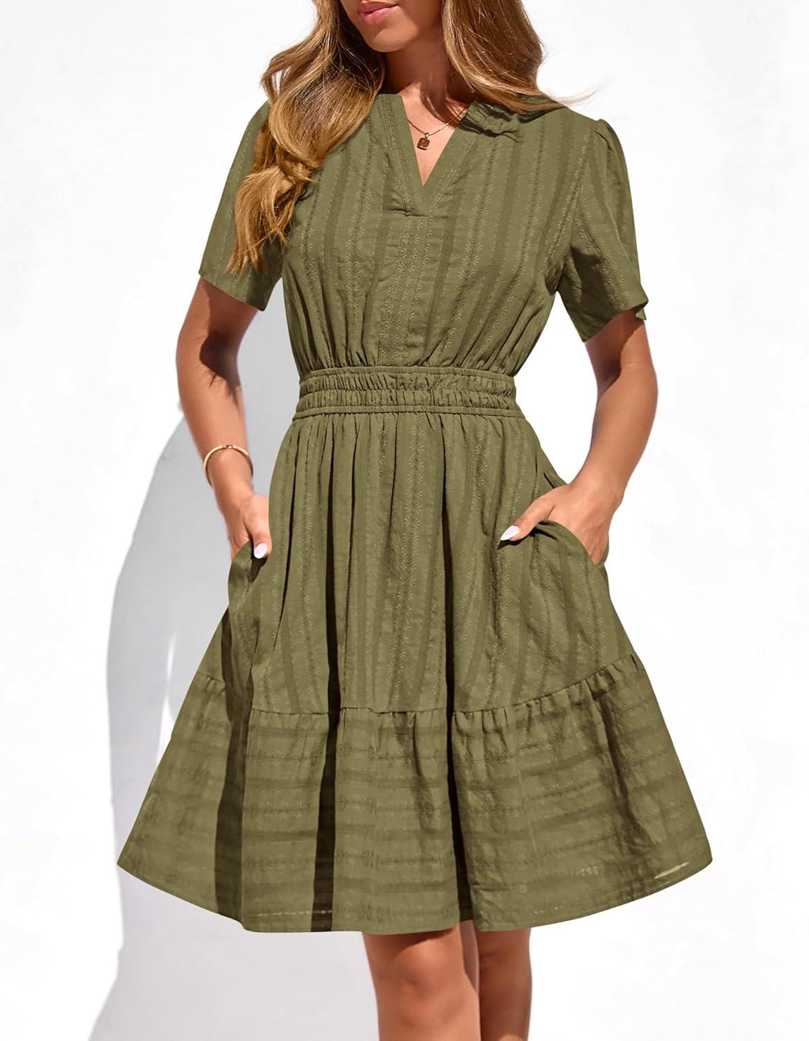 imageBTFBM Womens Spring 2026 Casual Mini Dresses Lightweight Short Sleeve V Neck Elastic Waist Cute Boho Beach Dress PocketsArmy Green