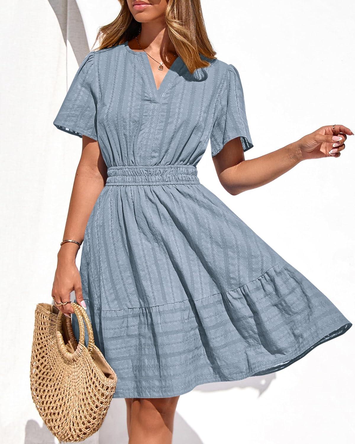 imageBTFBM Womens Spring 2026 Casual Mini Dresses Lightweight Short Sleeve V Neck Elastic Waist Cute Boho Beach Dress PocketsBlue Grey