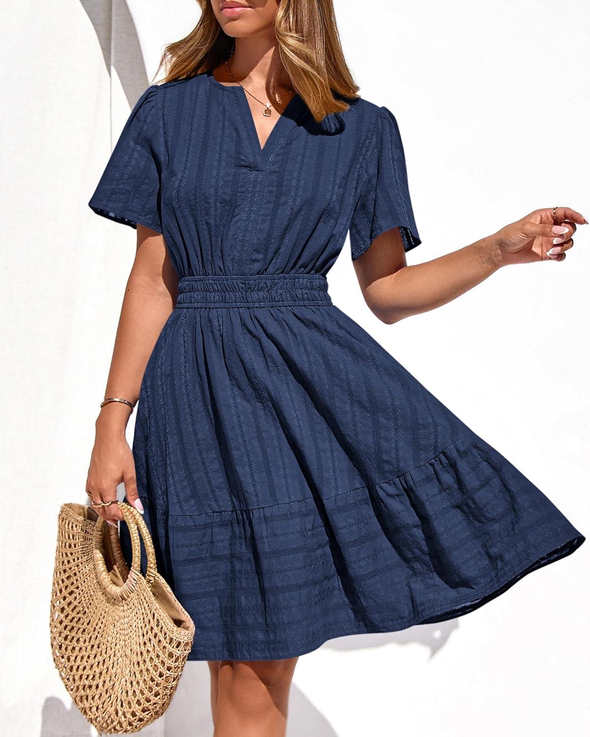 imageBTFBM Womens Spring 2026 Casual Mini Dresses Lightweight Short Sleeve V Neck Elastic Waist Cute Boho Beach Dress PocketsNavy Blue