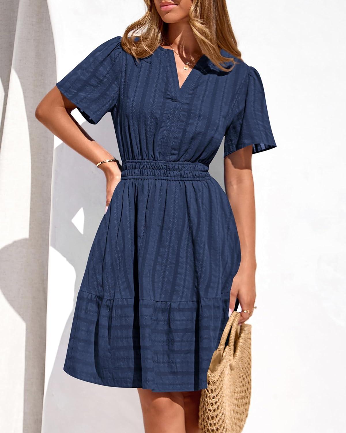 imageBTFBM Womens Spring 2026 Casual Mini Dresses Lightweight Short Sleeve V Neck Elastic Waist Cute Boho Beach Dress PocketsNavy Blue