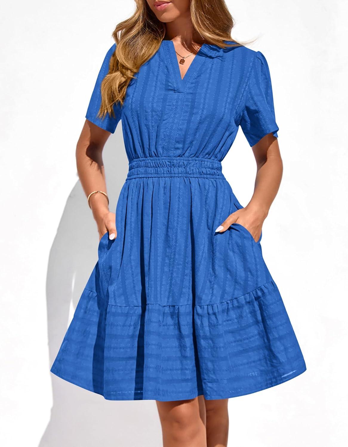 imageBTFBM Womens Spring 2026 Casual Mini Dresses Lightweight Short Sleeve V Neck Elastic Waist Cute Boho Beach Dress PocketsRoyal Blue