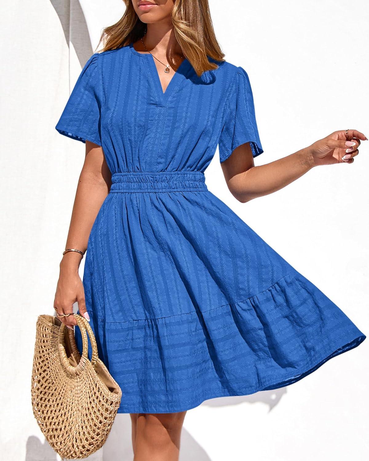imageBTFBM Womens Spring 2026 Casual Mini Dresses Lightweight Short Sleeve V Neck Elastic Waist Cute Boho Beach Dress PocketsRoyal Blue