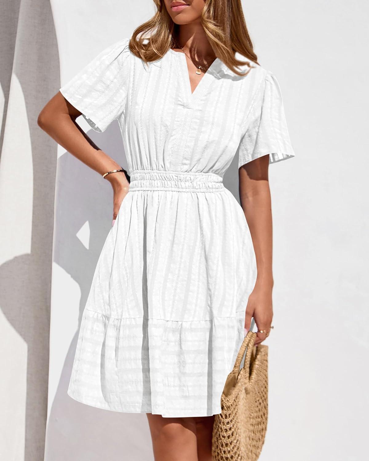 imageBTFBM Womens Spring 2026 Casual Mini Dresses Lightweight Short Sleeve V Neck Elastic Waist Cute Boho Beach Dress PocketsWhite