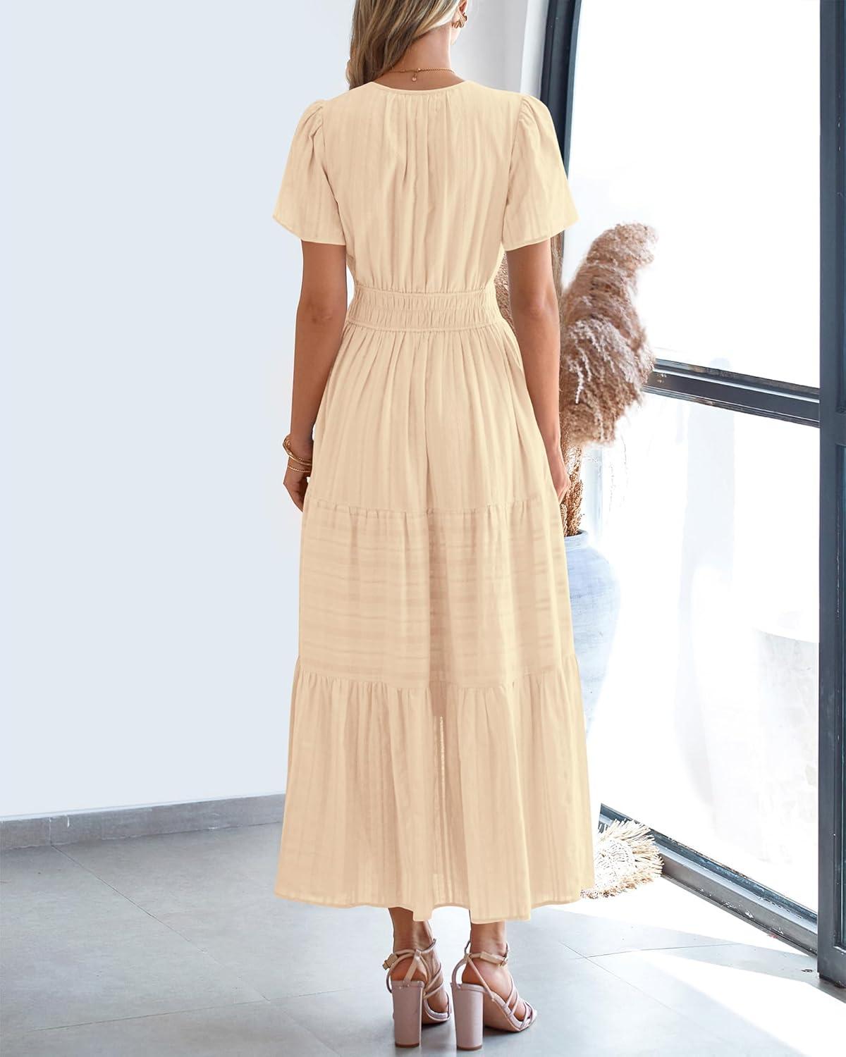 imageBTFBM Womens Summer 2025 Casual Midi Maxi Dresses Lightweight Short Sleeve V Neck Elastic Waist Boho Beach Dress PocketsApricot