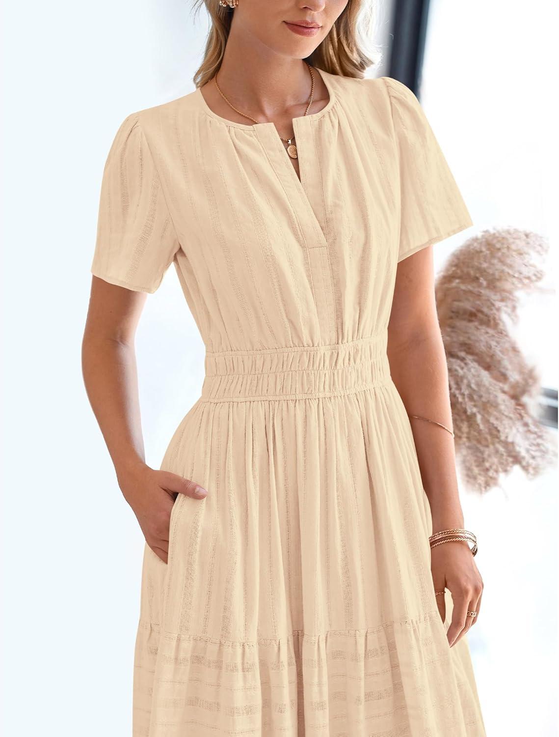 imageBTFBM Womens Summer 2025 Casual Midi Maxi Dresses Lightweight Short Sleeve V Neck Elastic Waist Boho Beach Dress PocketsApricot