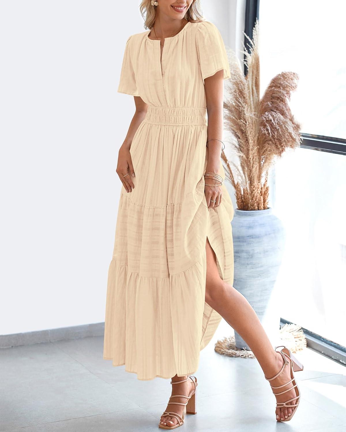 imageBTFBM Womens Summer 2025 Casual Midi Maxi Dresses Lightweight Short Sleeve V Neck Elastic Waist Boho Beach Dress PocketsApricot
