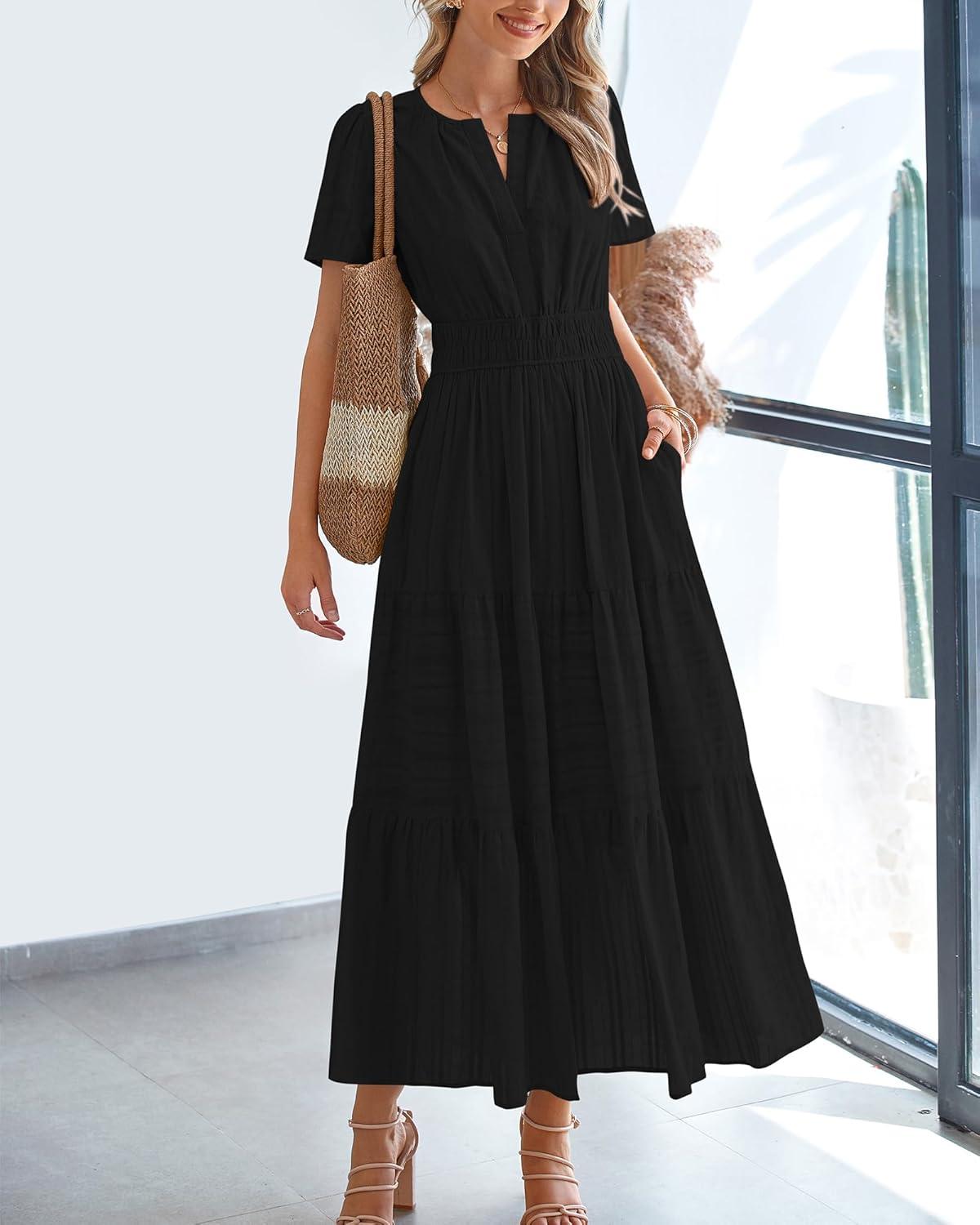 imageBTFBM Womens Summer 2025 Casual Midi Maxi Dresses Lightweight Short Sleeve V Neck Elastic Waist Boho Beach Dress PocketsBlack
