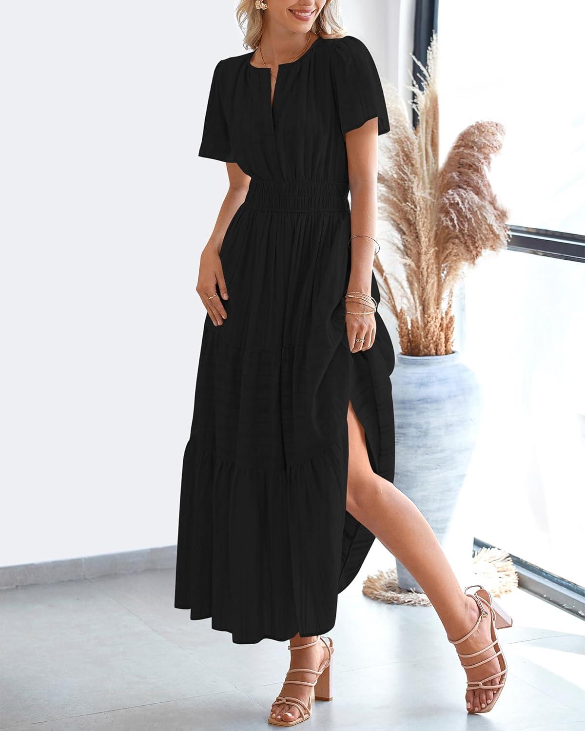 imageBTFBM Womens Summer 2025 Casual Midi Maxi Dresses Lightweight Short Sleeve V Neck Elastic Waist Boho Beach Dress PocketsBlack
