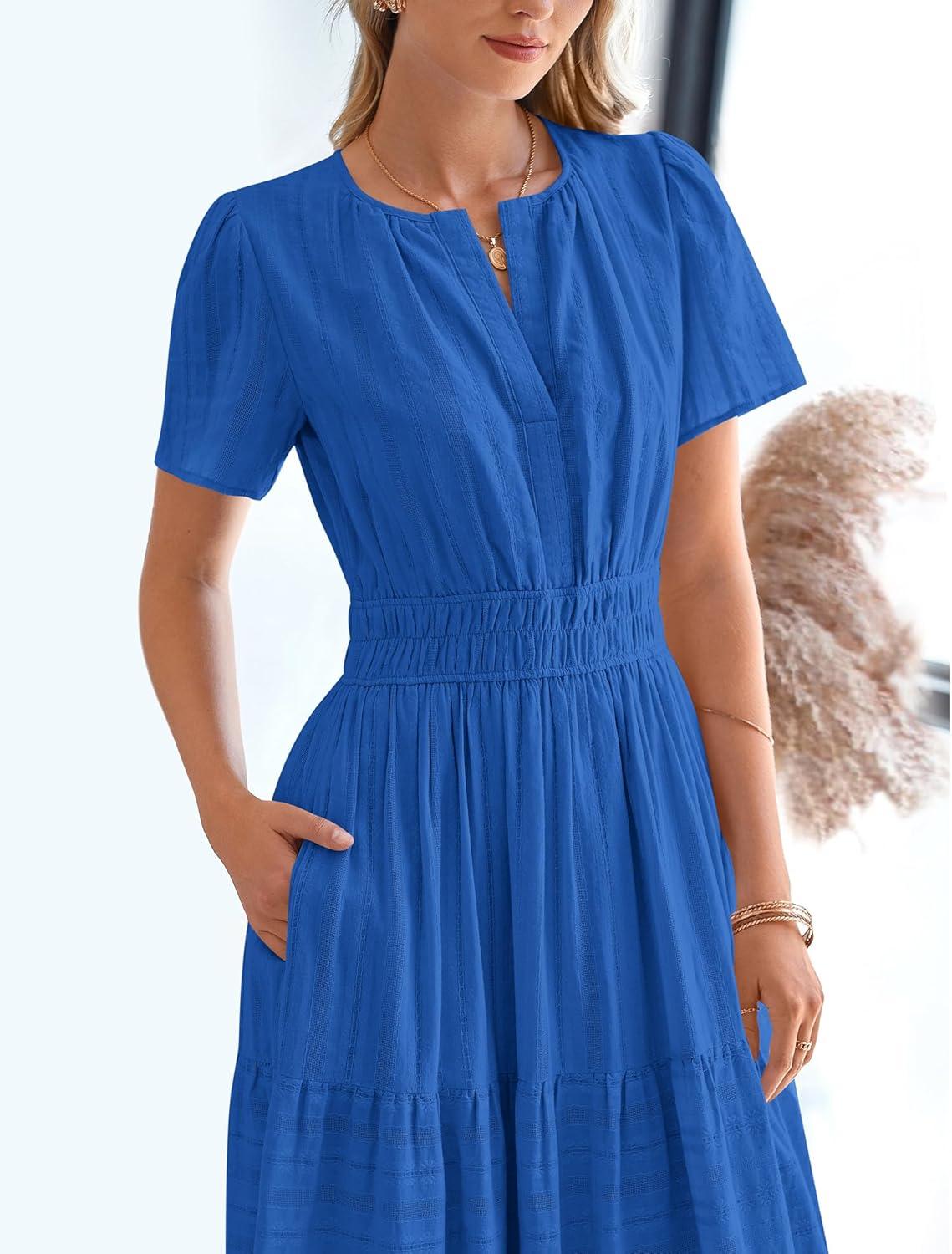 imageBTFBM Womens Summer 2025 Casual Midi Maxi Dresses Lightweight Short Sleeve V Neck Elastic Waist Boho Beach Dress PocketsBlue