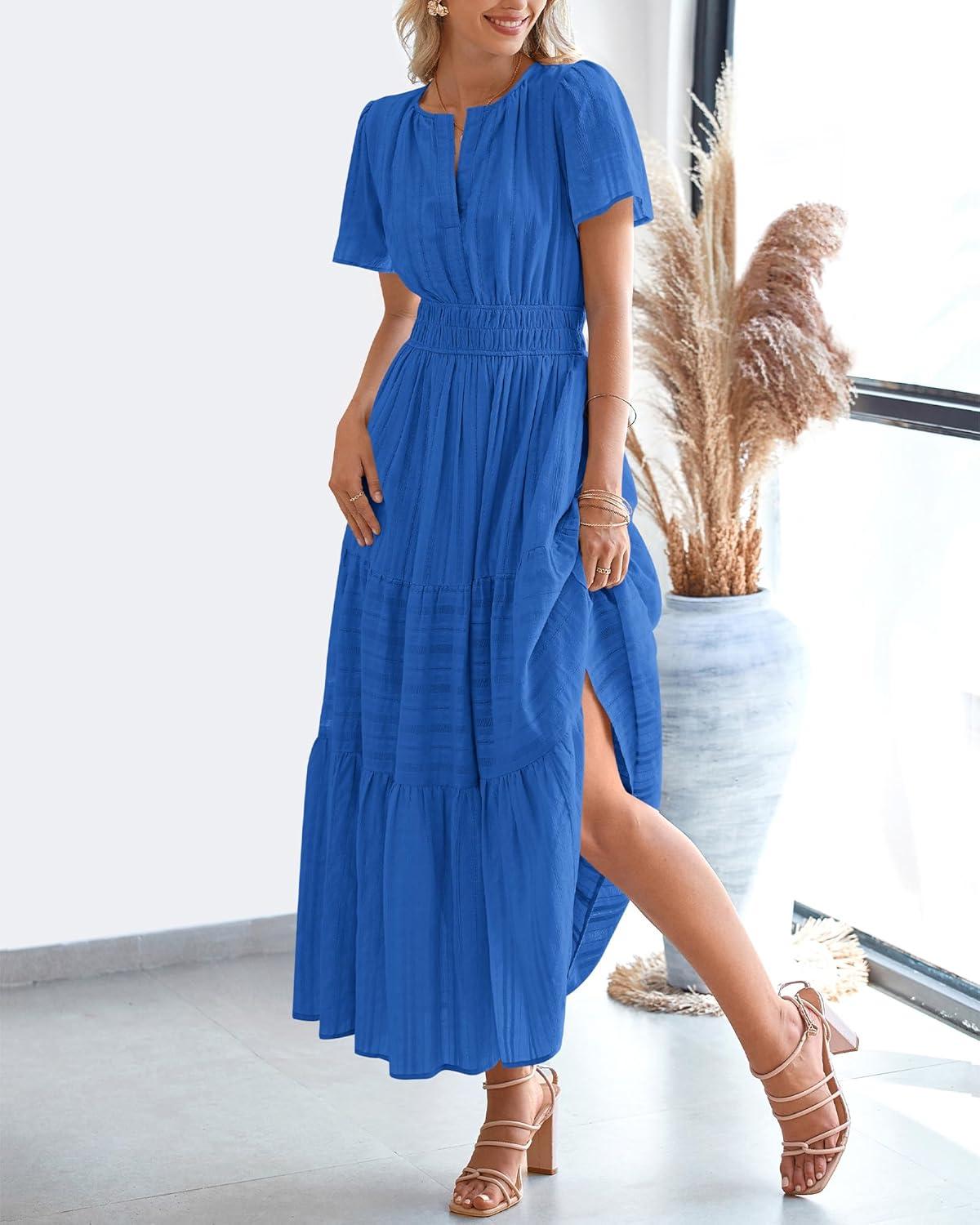 imageBTFBM Womens Summer 2025 Casual Midi Maxi Dresses Lightweight Short Sleeve V Neck Elastic Waist Boho Beach Dress PocketsBlue
