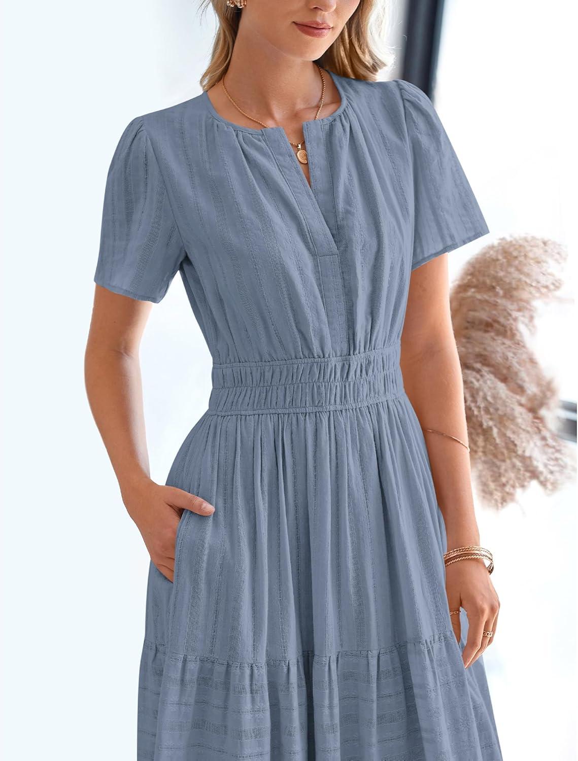 imageBTFBM Womens Summer 2025 Casual Midi Maxi Dresses Lightweight Short Sleeve V Neck Elastic Waist Boho Beach Dress PocketsBlue Grey