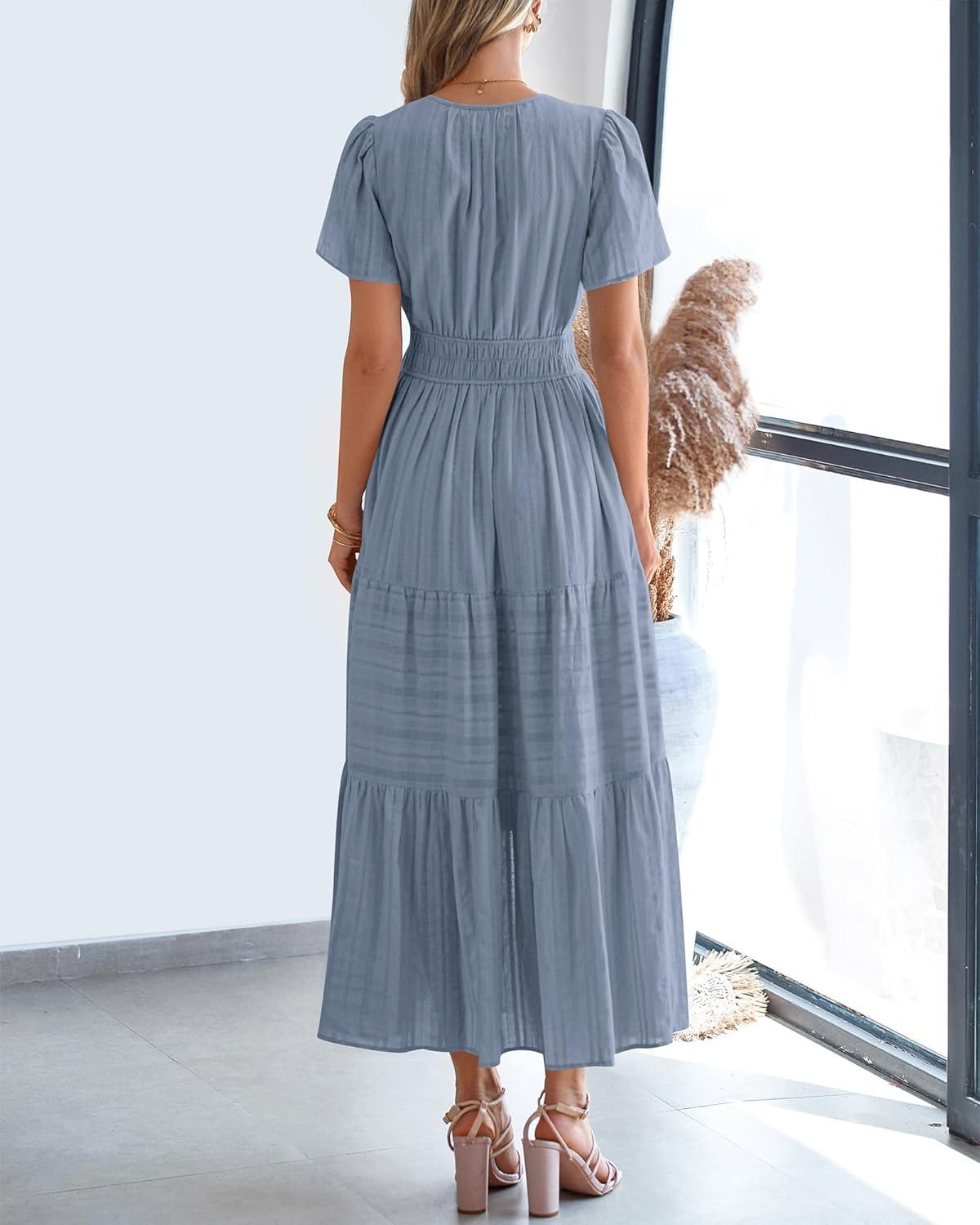 imageBTFBM Womens Summer 2025 Casual Midi Maxi Dresses Lightweight Short Sleeve V Neck Elastic Waist Boho Beach Dress PocketsBlue Grey
