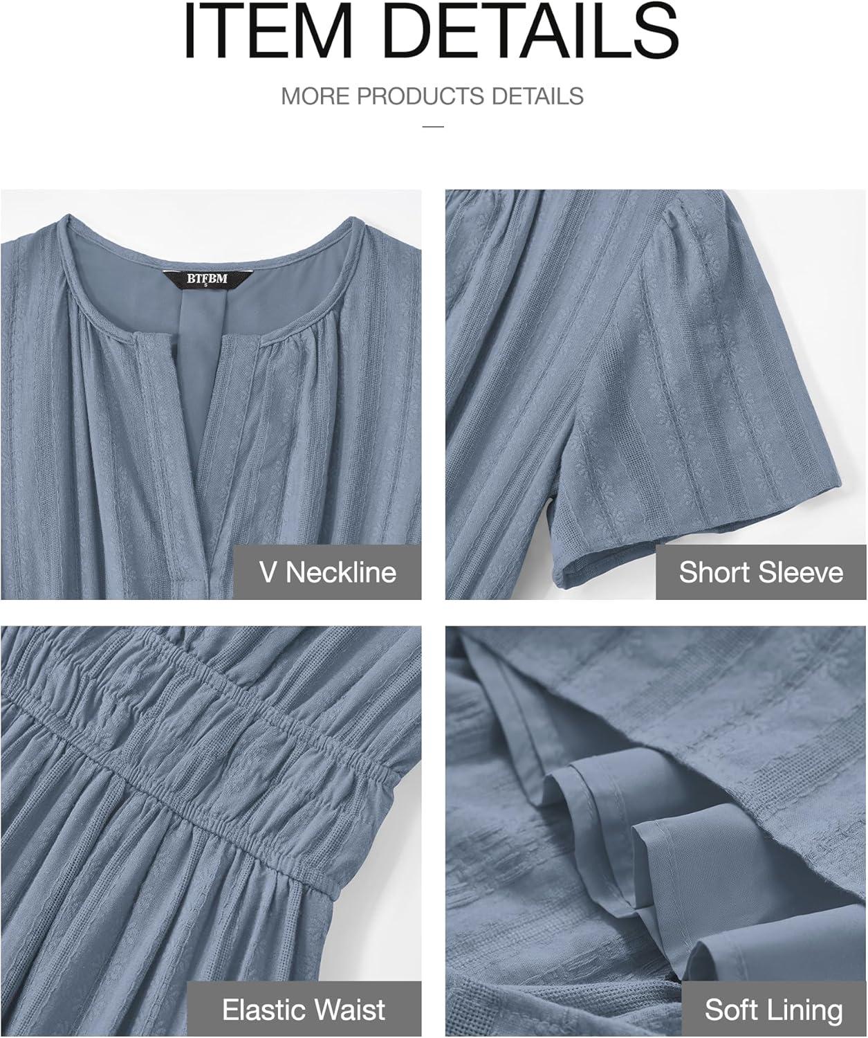 imageBTFBM Womens Summer 2025 Casual Midi Maxi Dresses Lightweight Short Sleeve V Neck Elastic Waist Boho Beach Dress PocketsBlue Grey