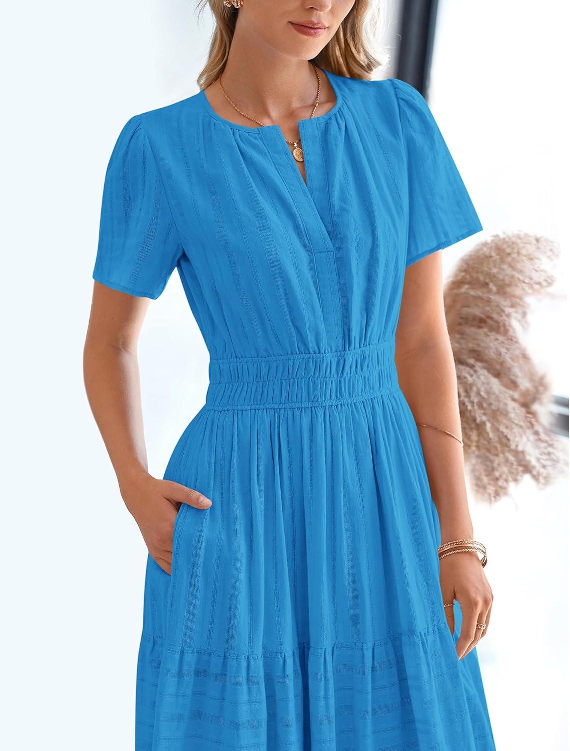 imageBTFBM Womens Summer 2025 Casual Midi Maxi Dresses Lightweight Short Sleeve V Neck Elastic Waist Boho Beach Dress PocketsBrilliant Blue